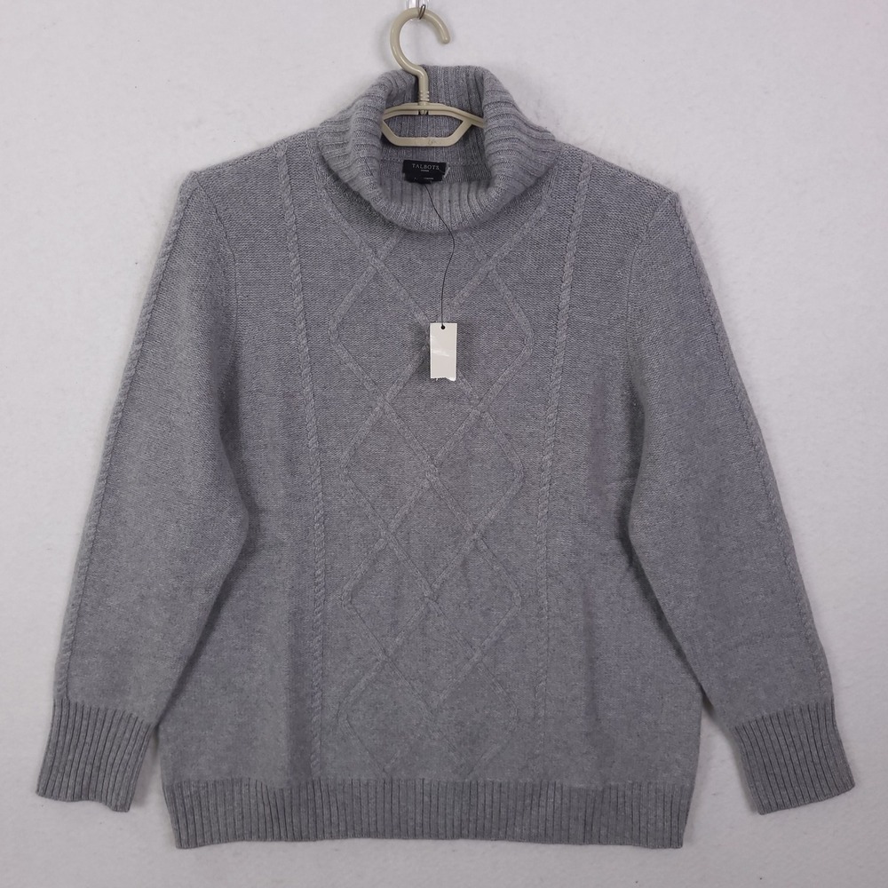 Talbots Turtleneck Sweater Womens 2X Gray Pure Cashmere Diamond Cable Knit NEW